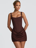 Backless Ruched Mini Dress – Sexy Square Neck High-Waist Club Dress for Women