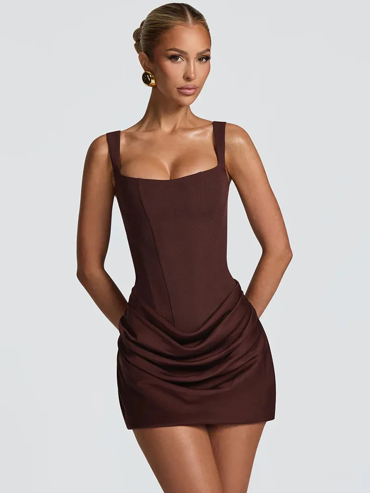 Backless Ruched Mini Dress – Sexy Square Neck High-Waist Club Dress for Women