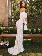 White Lace Off-Shoulder Maxi Dress – Elegant Backless Long Sleeve Gown