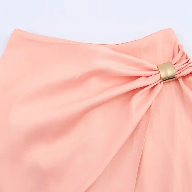 Women’s Pink Satin 2-Piece Skirt Set – Backless Halter Crop Top & High Waist Pleated Midi Skirt