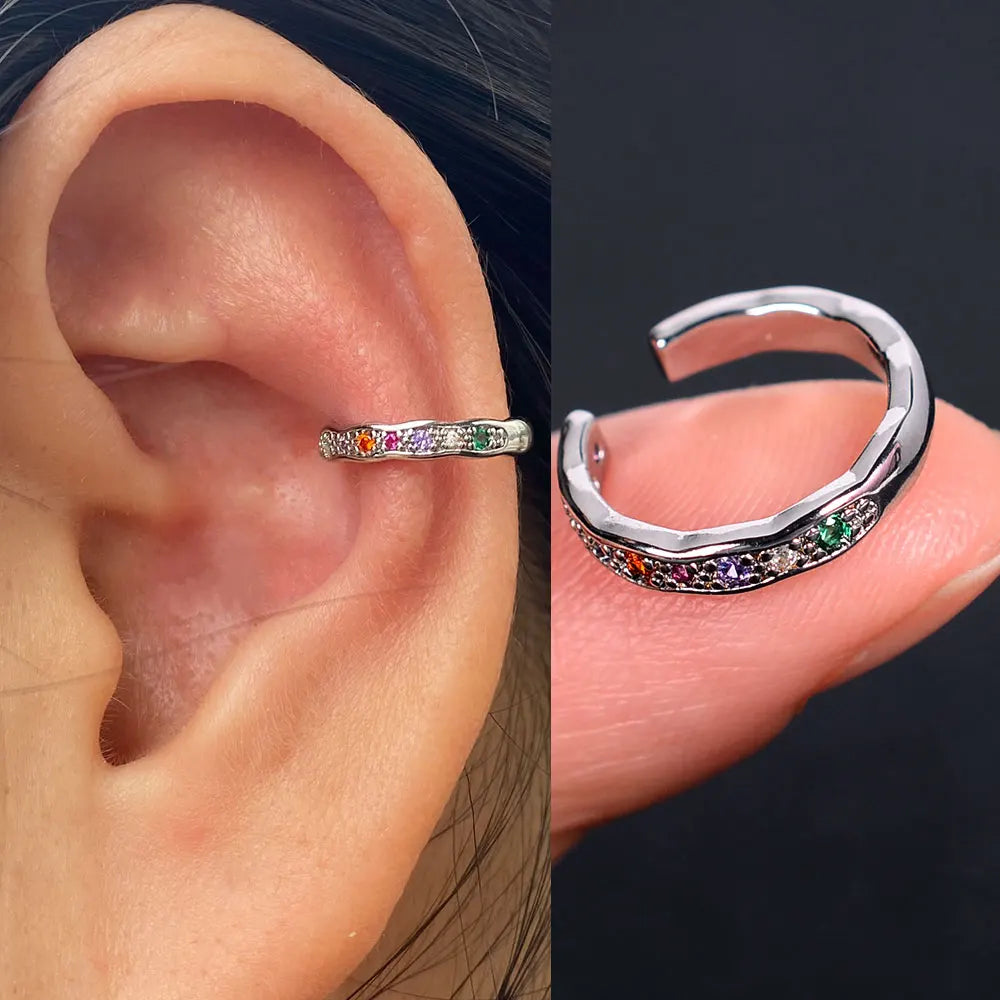 1pc Rainbow CZ Clip-On Ear Cuff – Non-Piercing Geometric Wrap Earring for Women & Girls
