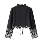 Women's Embroidered Cropped V-Neck Blouse with Lace-Up Detail – Summer Retro Chic Top