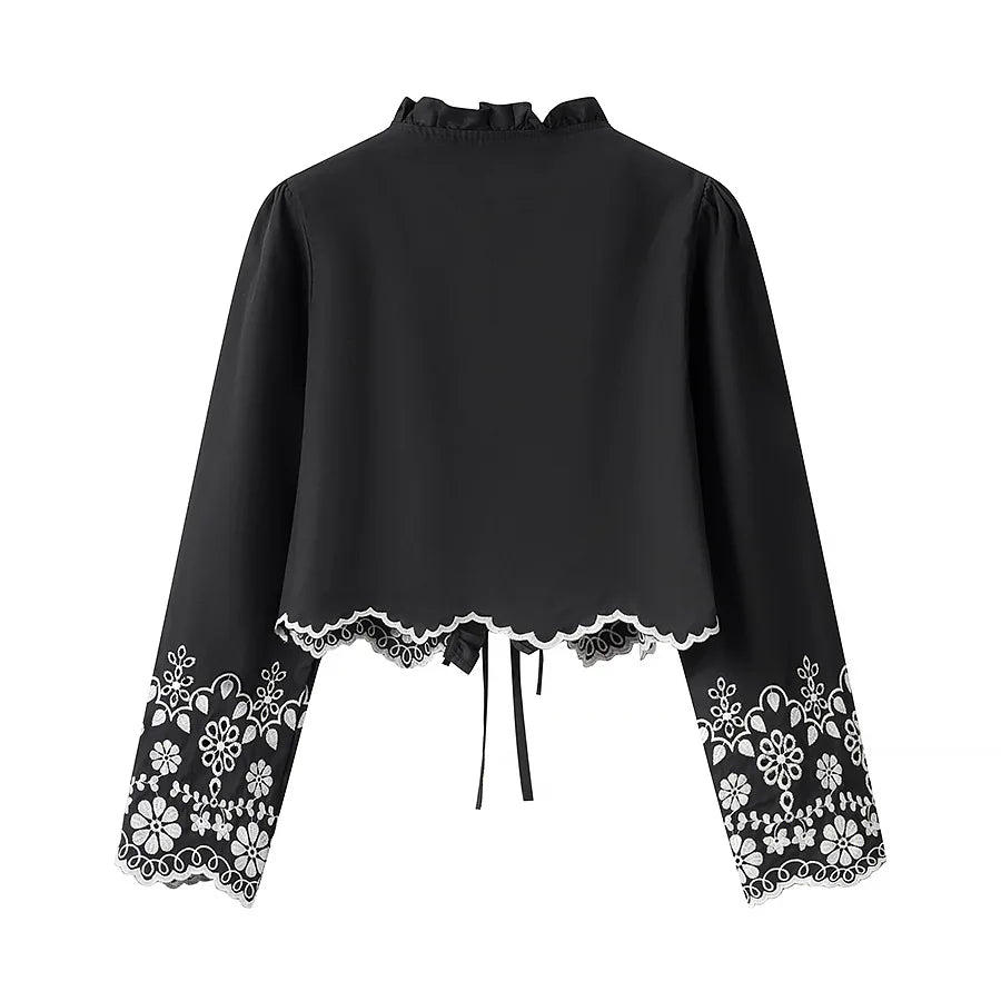 Women's Embroidered Cropped V-Neck Blouse with Lace-Up Detail – Summer Retro Chic Top