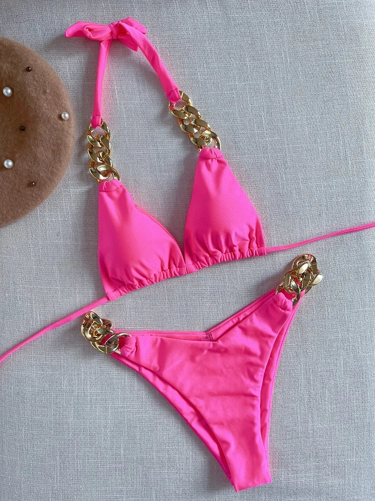 Luxury Chain-Link Bikini Set – Glamorous Halter Two-Piece Swimwear