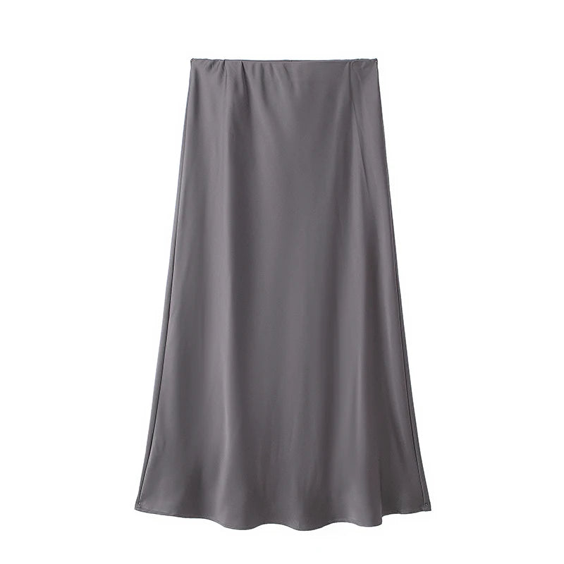 Elegant Satin High Waist Midi Skirt – Office Chic Summer Style for Women