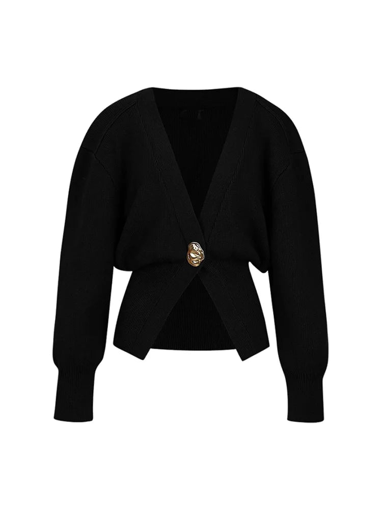 Sculpted Knit Wrap Cardigan – Gold Buckle & Tailored Silhouette