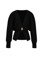Sculpted Knit Wrap Cardigan – Gold Buckle & Tailored Silhouette