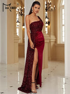One-Shoulder Sequin Velvet Gown