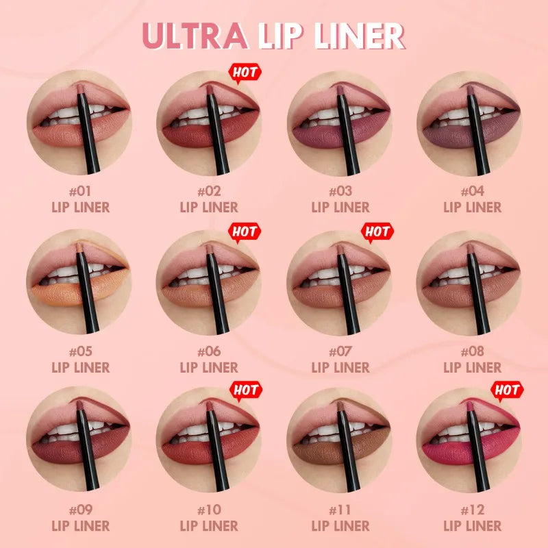 Waterproof Matte Lipliner Pencil – Long-Lasting Contour Tint for Lips | 12 Moisturizing Colors