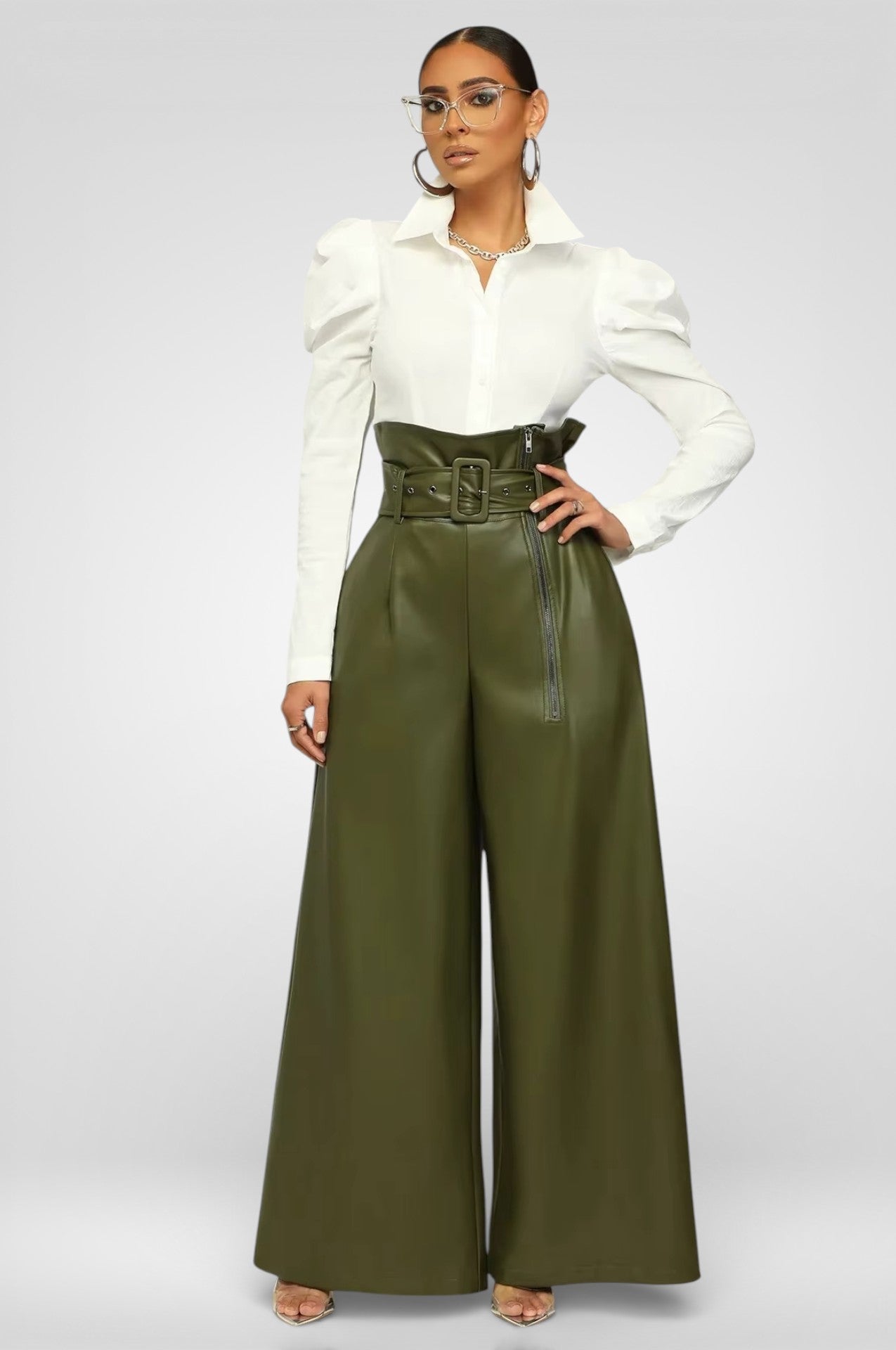 High Waist PU Leather Wide -Green