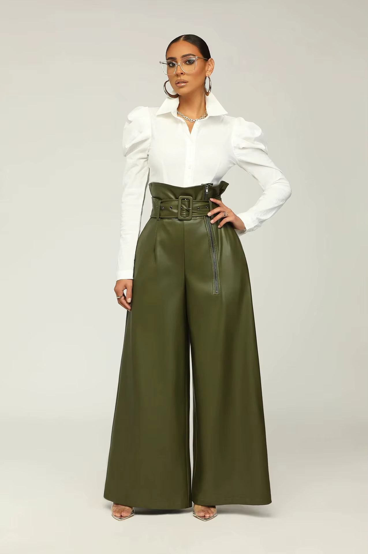 High Waist PU Leather Wide -Green