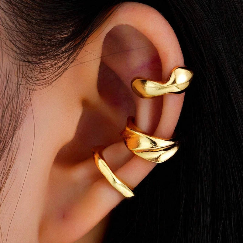 Exaggerated Wide Gold Clip-On Earrings for Women – Irregular Shape, Boho Style, Non-Piercing Metal Set