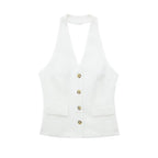 Women’s 2-Piece Office Set – Halter Vest Top & High Waist Wide-Leg Pants with Pockets