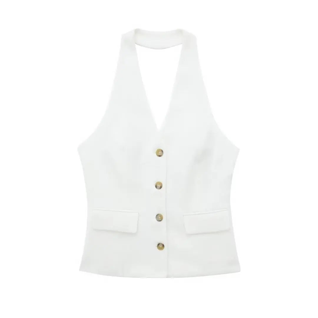 Women’s 2-Piece Office Set – Halter Vest Top & High Waist Wide-Leg Pants with Pockets
