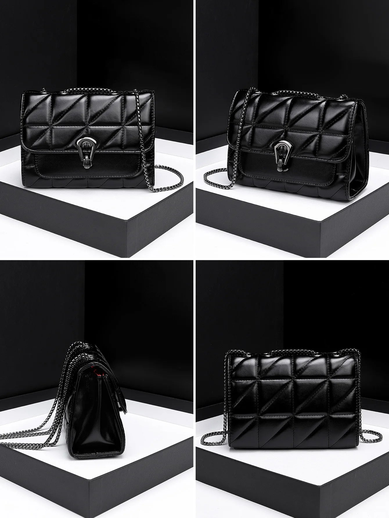 Dámská prošívaná crossbody kabelka z umělé kůže s retro překlopením – luxusní kabelka přes rameno s řetízkem