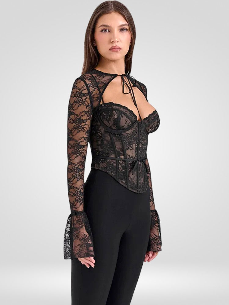 Sheer Lace Flare Sleeve Club Top