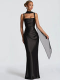 Satin Lace-Up Backless Maxi Dress – Sexy Halter Off-Shoulder Bodycon Gown