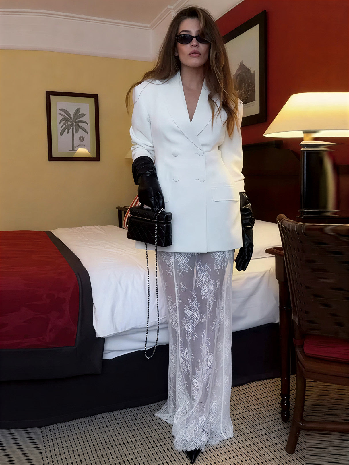 Double-Breasted Blazer & Sheer Skirt Set