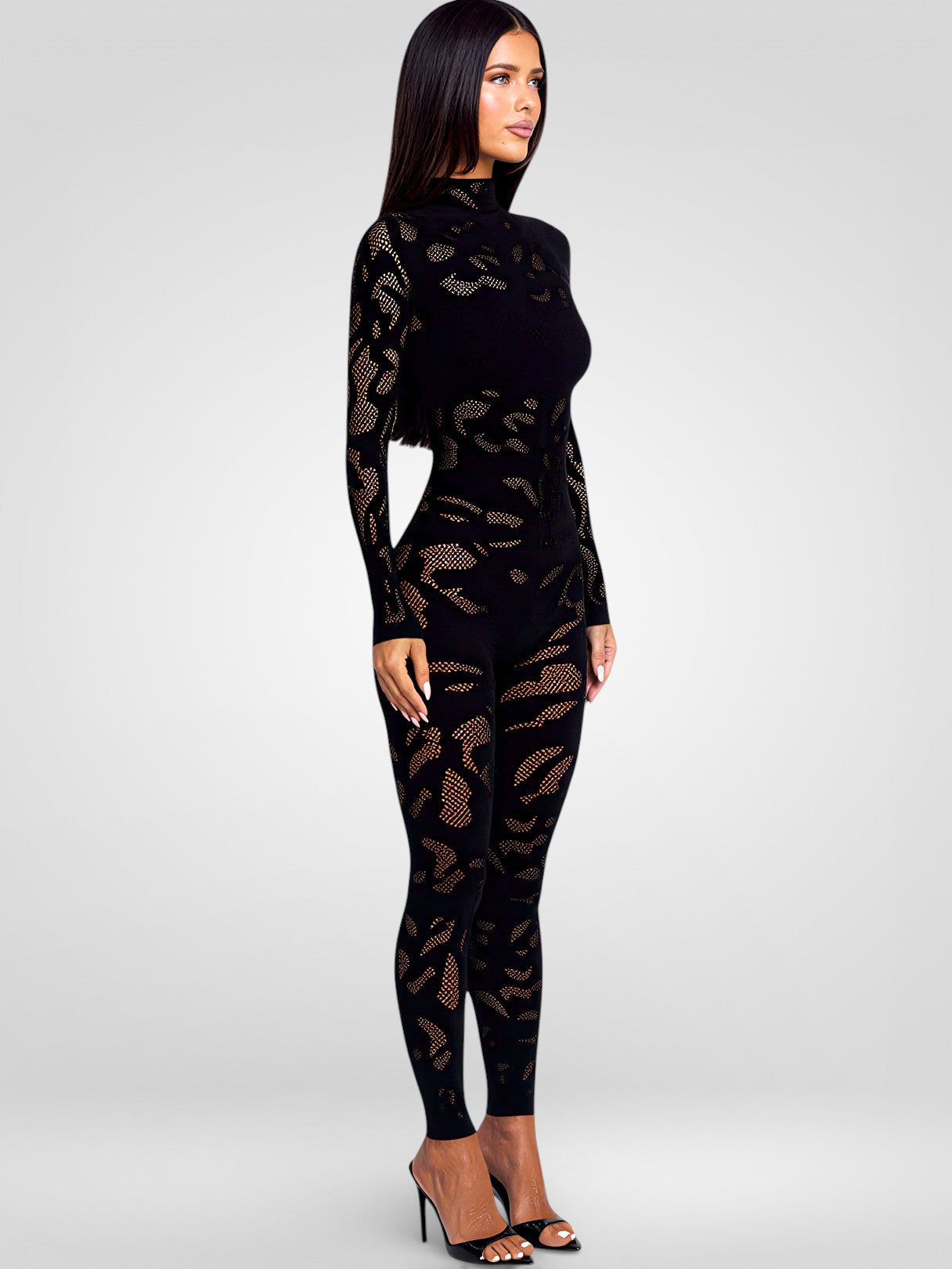 Sheer Hollow Long Sleeve Bodycon Jumpsuit