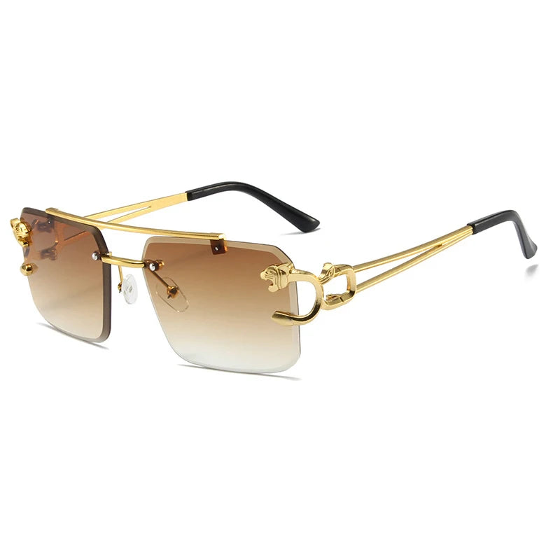 Leopard Rimless Square Sunglasses – UV400 Vintage Designer Eyewear
