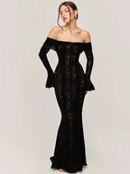 Black Lace Off-Shoulder Maxi Dress – Elegant Backless Long Sleeve Gown