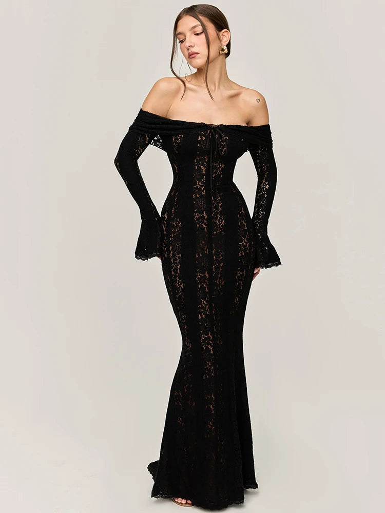 Black Lace Off-Shoulder Maxi Dress – Elegant Backless Long Sleeve Gown