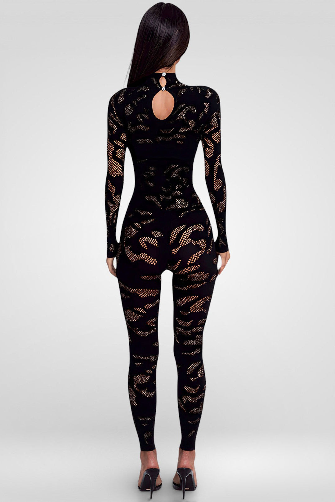 Black fishnet bodysuit with cut-out design on a white background
