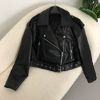 Women's Vintage Vegan Leather Biker Jacket – Oversized Belted Moto Style