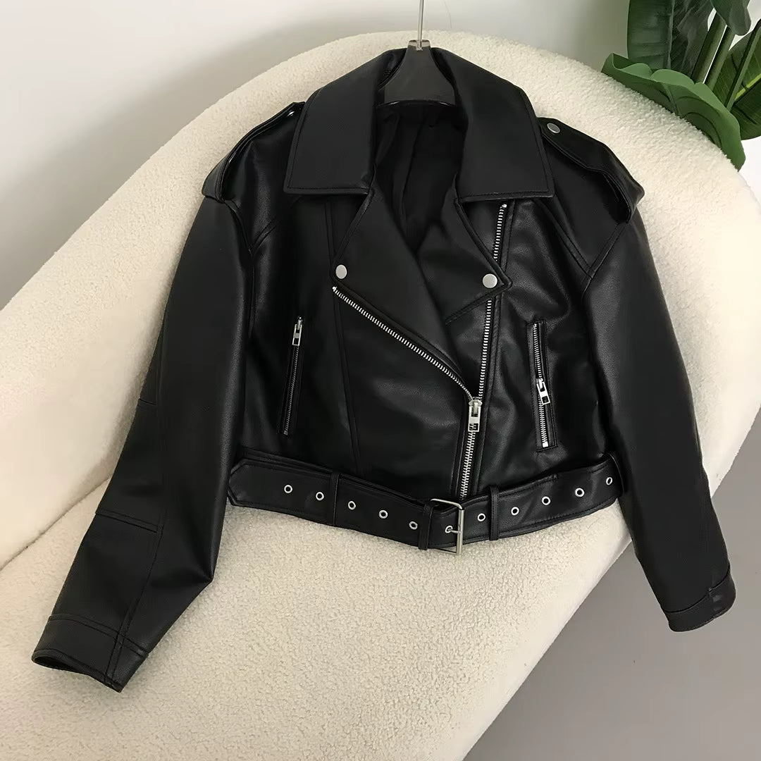 Women's Vintage Vegan Leather Biker Jacket – Oversized Belted Moto Style