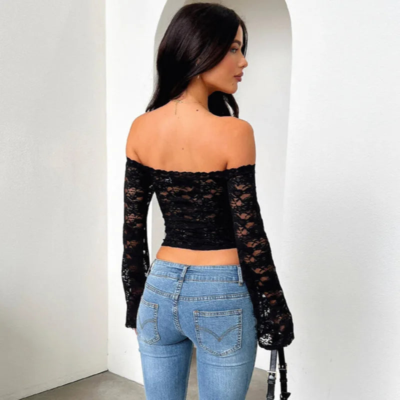 Lace Bardot Crop Top – Sheer Off-Shoulder Elegance