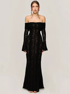 Black Lace Off-Shoulder Maxi Dress – Elegant Backless Long Sleeve Gown