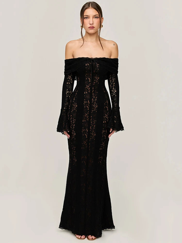 Black Lace Off-Shoulder Maxi Dress – Elegant Backless Long Sleeve Gown