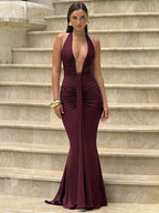 Deep V-Neck Ruched Maxi Dress – Backless Halter Club Dress for Women
