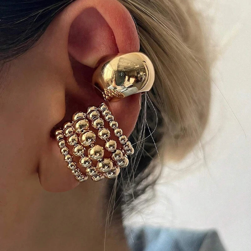 Exaggerated Wide Gold Clip-On Earrings for Women – Irregular Shape, Boho Style, Non-Piercing Metal Set