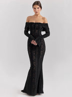 Black Lace Off-Shoulder Maxi Dress – Elegant Backless Long Sleeve Gown