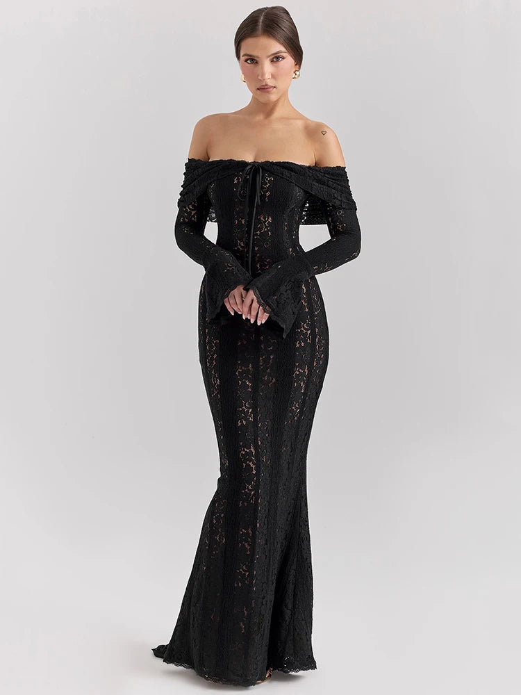 Black Lace Off-Shoulder Maxi Dress – Elegant Backless Long Sleeve Gown