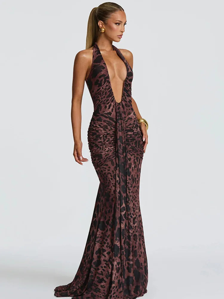 Leopard Print Halter Backless Maxi Dress – Sexy Draped Clubwear Gown