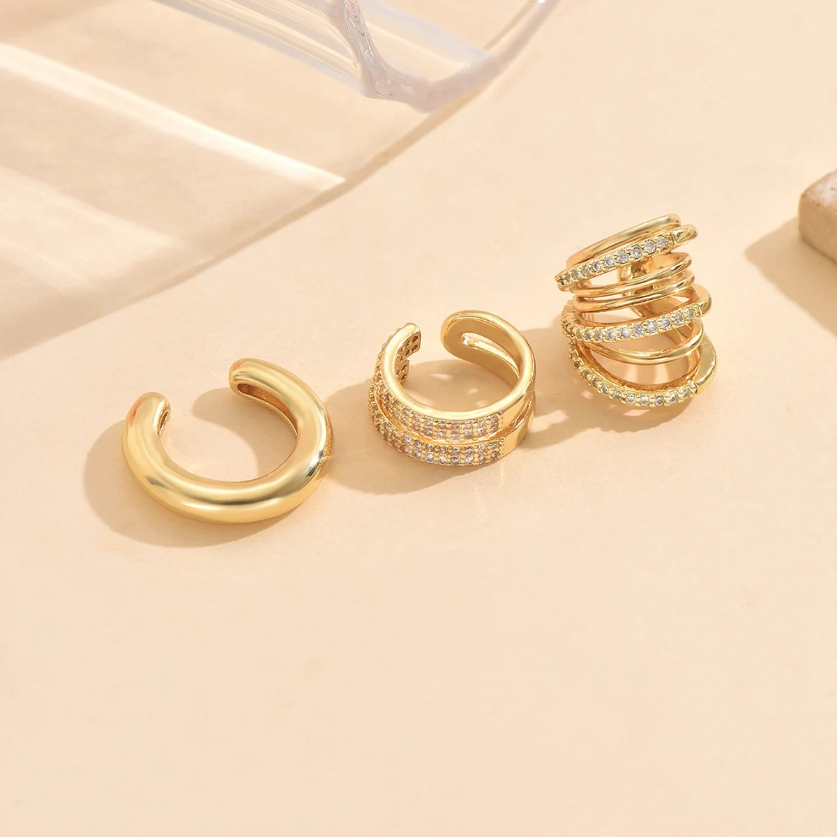 3pcs Gold Zircon Clip-On Earrings Set for Women – Non-Piercing Cuff Style, Trendy Geometric Design