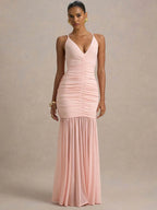 Backless Pleated Spaghetti Strap Maxi Dress – Elegant Ruched V-Neck Gown