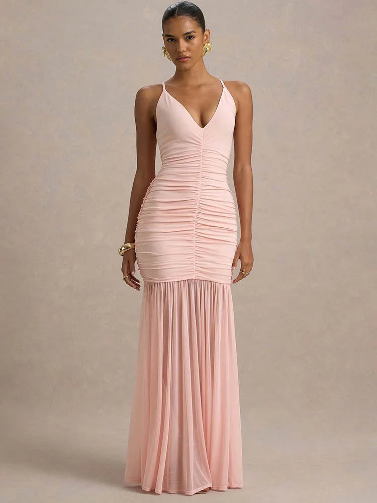 Backless Pleated Spaghetti Strap Maxi Dress – Elegant Ruched V-Neck Gown