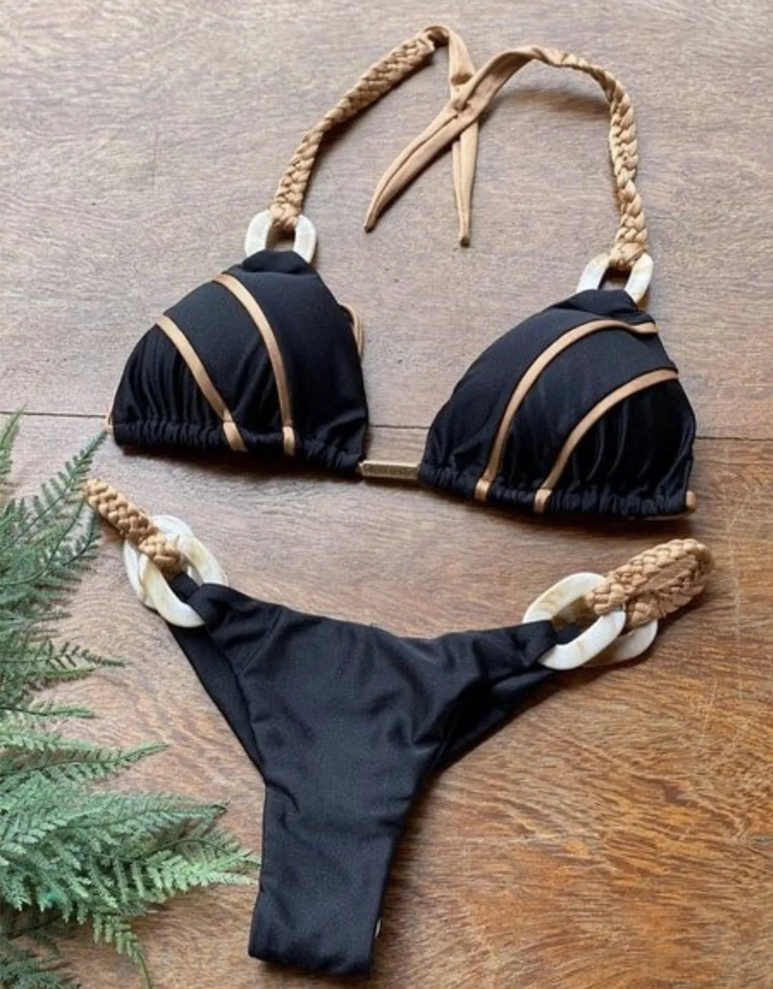 Women’s Two-Piece Bikini – Triangle Top with Beaded Ring Straps