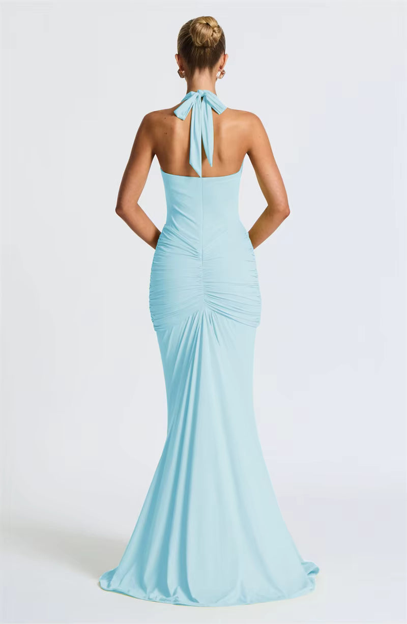 Deep V-Neck Ruched Maxi Dress – Backless Halter Club Dress for Women