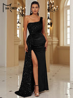 One-Shoulder Sequin Velvet Gown