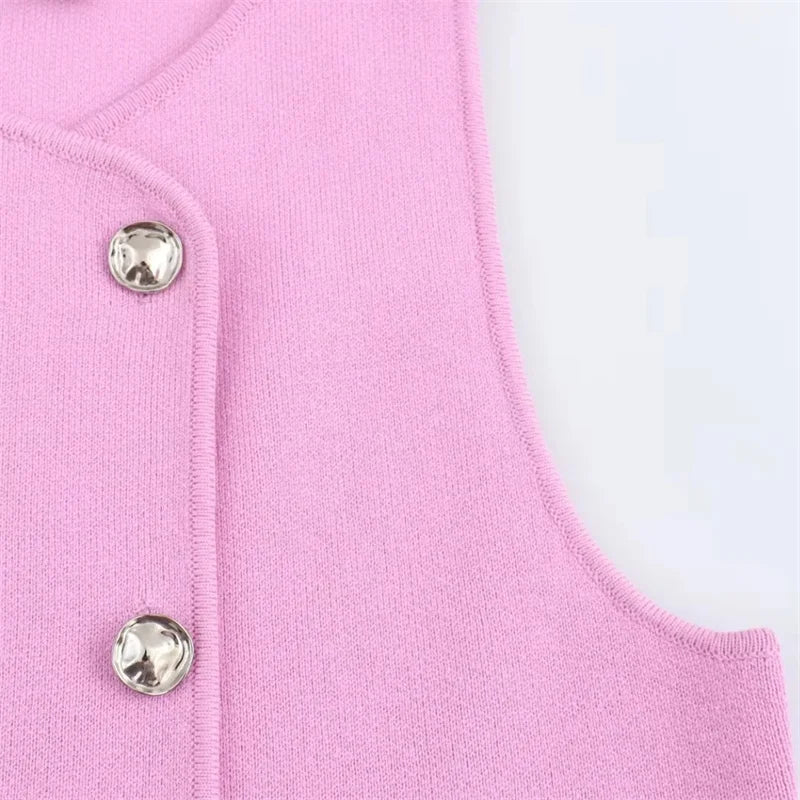Women’s Cropped Pink Vest – Double-Breasted Sleeveless Top