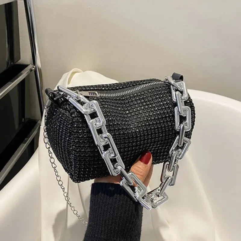 Mini sac seau à strass – Sac bandoulière en forme de coussin pailleté avec bandoulière chaîne pour femme