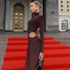 Turtleneck Long Sleeve Sexy Maxi Dress – Elegant Hollow Out Ruched Clubwear