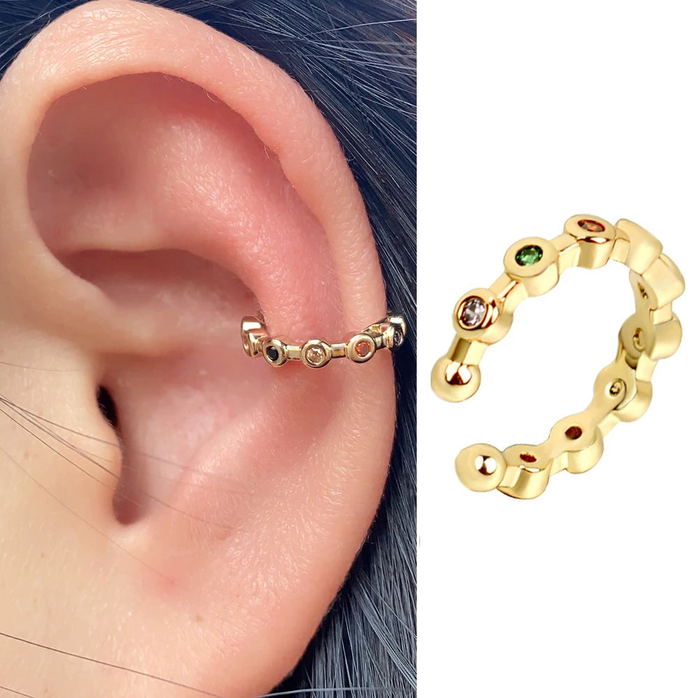 1pc Rainbow CZ Clip-On Ear Cuff – Non-Piercing Geometric Wrap Earring for Women & Girls