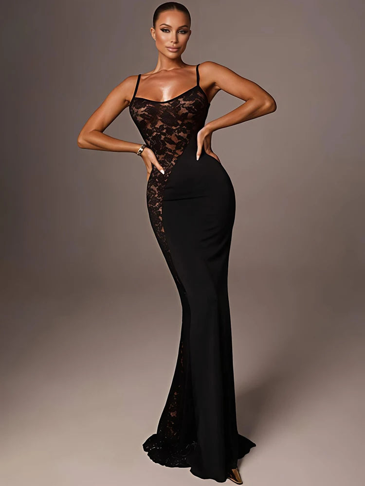 Lustrous Lace Contour Maxi Dress – Black Edition