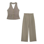 Women’s 2-Piece Office Set – Halter Vest Top & High Waist Wide-Leg Pants with Pockets