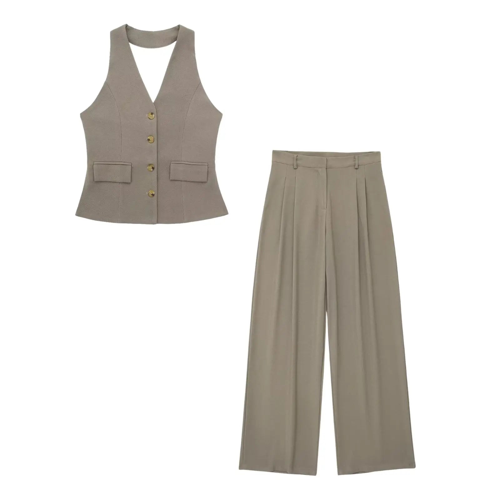 Women’s 2-Piece Office Set – Halter Vest Top & High Waist Wide-Leg Pants with Pockets